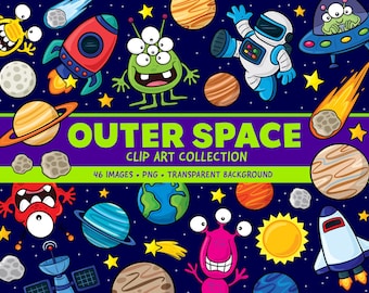 Lindo clipart espacial - Gráfico de galaxia del espacio exterior - Decoración de cumpleaños espacial - Clipart del sistema solar para niños - Lindo clipart de astronauta - Lindo extraterrestre PNG