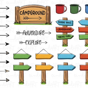 K&ouml;nnte beinhalten: Ein Satz handgezeichneter Camping-Clipart mit Pfeilen, Schildern und Bechern. Die Schilder zeigen "Campground", "Fishin' Hole", "Hiking Trail", "Adventure" und "Explore". Die Becher sind rot, gr&uuml;n und blau.