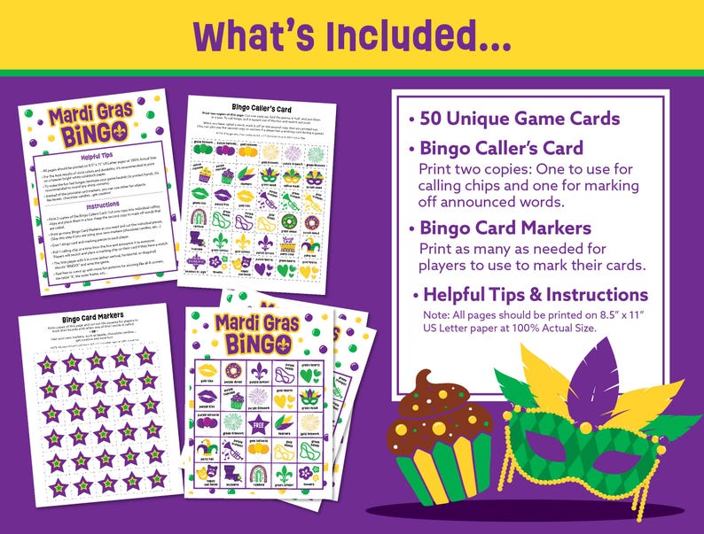 Mardi Gras Bingo Game Printable - Fat Tuesday Party Games - Instant