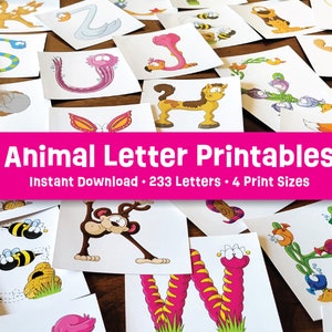 Imprimíveis de letras de animais - Alfabeto de animais - Letras de animais fofos - Alfabeto para impressão - Letras ABC de animais - Decoração de quarto infantil - Decoração de berçário