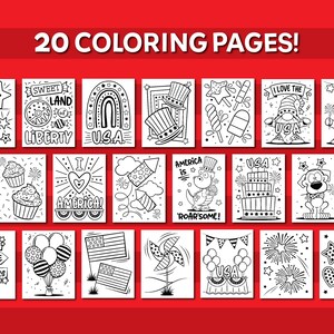 May include: A set of 20 black and white coloring pages with American patriotic themes. The illustrations include stars, fireworks, and flags, with the text "20 COLORING PAGES!" displayed prominently at the top.