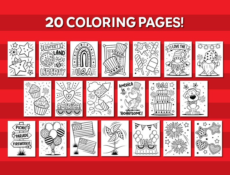 May include: A set of 20 black and white coloring pages with American patriotic themes. The illustrations include stars, fireworks, and flags, with the text "20 COLORING PAGES!" displayed prominently at the top.