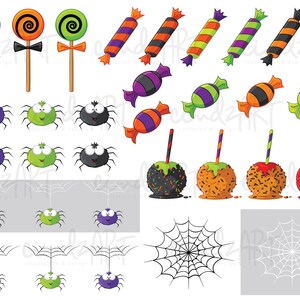 Peut inclure: Illustrations sur le th&egrave;me d'Halloween avec des sucettes, des bonbons emball&eacute;s, des araign&eacute;es, des pommes d'amour, une toile d'araign&eacute;e et un bonbon en forme d'&eacute;pi de ma&iuml;s. Les sucettes ont des spirales violettes, oranges et vertes. Les bonbons sont emball&eacute;s en orange, violet et vert.