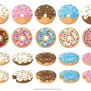 May include: A set of 20 colorful donuts with various toppings, including chocolate, sprinkles, and frosting. The donuts are arranged in four rows of five donuts each.