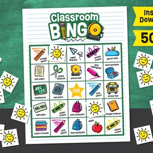 Jogo de bingo de volta às aulas para impressão - Download instantâneo - Jogo de festa de bingo em sala de aula - Atividade do primeiro dia de aula - Quebra-gelo do jardim de infância