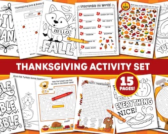 May include: A 15-page Thanksgiving activity set featuring black and white coloring sheets, word scrambles, mazes, and I Spy games. The pages include illustrations of a fox, a turkey, pumpkins, and pies, with text such as Hello Fall, Unscramble the Words, and Everything Nice.