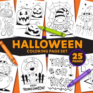 Könnte beinhalten: Ein Halloween-Malbuch-Set mit 25 Seiten, das schwarz-weiße Illustrationen von Kürbissen, einem Zwerg, einer Katze, einer Hexe im Kessel, einem Hund und Texten wie Fresh Eyeballs, Dead Man's Toes, Bone Dust, Boo, Trick or Treat und Happy Howl'oween enthält.