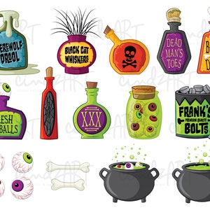 Peut inclure: Illustrations sur le th&egrave;me d'Halloween avec des bouteilles de potions, des bocaux d'yeux et des chaudrons. Les bouteilles portent des &eacute;tiquettes telles que "Werewolf Drool", "Black Cat Whiskers" et "Bone Dust". On trouve aussi un bocal d'yeux et un chaudron avec du liquide vert.