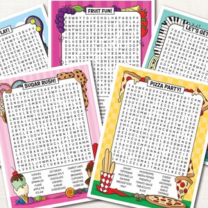Może przedstawiać: Kolekcja pięciu kolorowych łamigł&oacute;wek z wyszukiwaniem sł&oacute;w o tematyce "Let's Play!", "Fruit Fun!", "Sugar Rush!", "Pizza Party!" i "Let's Get Musical!". Każda łamigł&oacute;wka ma unikalną obw&oacute;dkę i listę sł&oacute;w do znalezienia.