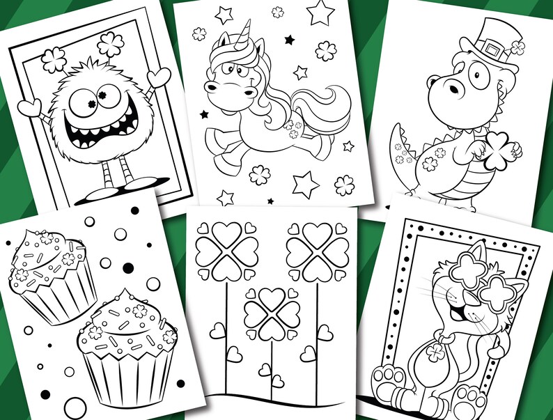 May include: Black and white coloring pages featuring a variety of whimsical characters and designs. The characters include a monster, a unicorn, a dragon, a cat, and cupcakes. The designs include shamrocks and hearts.