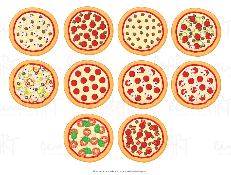 May include: Nine different variations of pizza toppings, including pepperoni, mushrooms, onions, peppers, and sausage. The pizzas are all on a white background.
