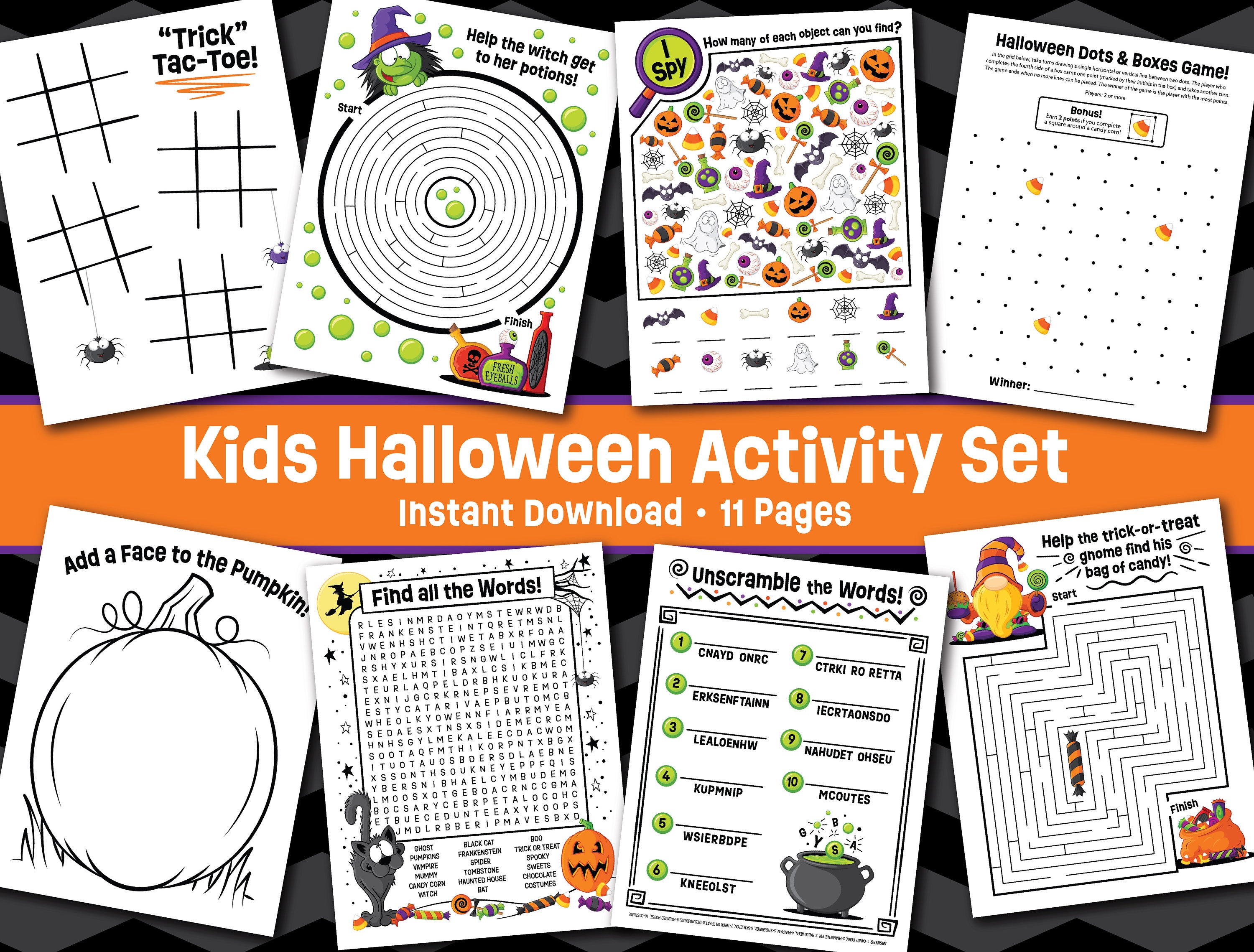 Kids Halloween Activity Set - Instant Download - Kids Halloween Printables - Coloring - Wordsearch - Maze - School Classroom Halloween Games