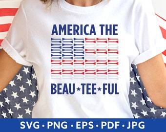 May include: White t-shirt with the text "America the Beau*Tee*Ful" in blue and red. The text is surrounded by a design of an American flag made of golf tees.