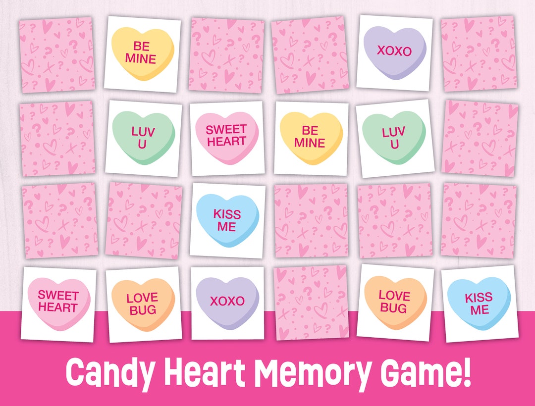 Candy Hearts Memory Match Game Fun Valentine Printable Game for Kids Valentine School Classroom Party Game Love Heart Matching Game