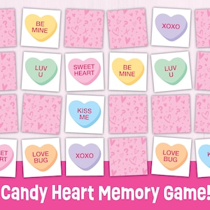 Candy Hearts Memory Match Game - Fun Valentine Printable Game for Kids - Valentine School Classroom Party Game - Love Heart Matching Game