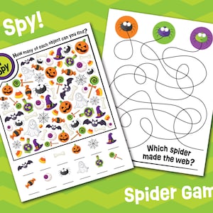 K&ouml;nnte beinhalten: Zwei wei&szlig;e Aktivit&auml;tsbl&auml;tter mit Halloween-Motiven. Das linke Blatt ist ein Suchspiel mit K&uuml;rbissen, Geistern, Flederm&auml;usen und S&uuml;&szlig;igkeiten. Das rechte Blatt ist ein Labyrinth-Spiel mit drei Spinnen und dem Text Which spider made the web?
