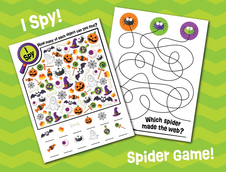 K&ouml;nnte beinhalten: Zwei wei&szlig;e Aktivit&auml;tsbl&auml;tter mit Halloween-Motiven. Das linke Blatt ist ein Suchspiel mit K&uuml;rbissen, Geistern, Flederm&auml;usen und S&uuml;&szlig;igkeiten. Das rechte Blatt ist ein Labyrinth-Spiel mit drei Spinnen und dem Text Which spider made the web?