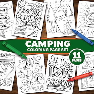 Camping Coloring Page Set - Instant Download - Camping Kids Coloring Activity - Road Trip Kid Activity - Summer Camp Coloring Pages