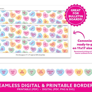 Może przedstawiać: Drukowane cyfrowe obramowania z powtarzającym się wzorem pastelowych cukierkowych serc z frazami takimi jak "Kiss Me" i "Love Bug". Projekt jest gotowy do wydruku na papierze o wymiarach 27,94 x 43,18 cm. Obraz zawiera r&oacute;wnież tekst "Great for Bulletin Boards!"