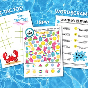 May include: A printable set of three summer-themed games for kids. The games include a tic-tac-toe board, a word scramble, and an I Spy game. The I Spy game features a colorful illustration of beach items, including beach balls, flip-flops, watermelon, and seashells.