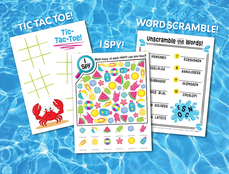 May include: A printable set of three summer-themed games for kids. The games include a tic-tac-toe board, a word scramble, and an I Spy game. The I Spy game features a colorful illustration of beach items, including beach balls, flip-flops, watermelon, and seashells.