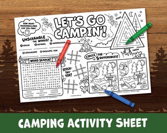 Feuille d'activités de camping à imprimer - Camp d'été à imprimer - Camping 11 x 17 pouces napperon d'activités pour la classe - Road trip Kids Camping Mots clés