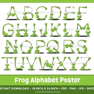 Frog Alphabet Poster 18x24 - Animal Alphabet - Frog Wall Art - Frog Letter Print - ABC Learning Frogs - Kids Frog Poster - Instant Download
