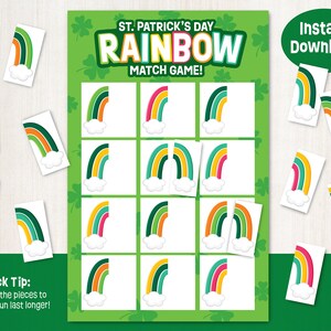 Könnte beinhalten: Ein druckbares St. Patrick's Day Regenbogen-Memory-Spiel. Das Spielbrett hat 9 Felder mit verschiedenen Regenbogen-Designs. Es gibt 12 Regenbogen-Teile, die mit dem Brett abgeglichen werden müssen. Das Spiel ist für den sofortigen Download konzipiert.