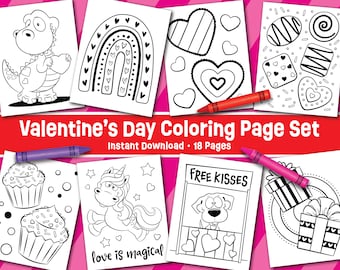 Valentine's Day Coloring Page Set - Instant Download - Valentine's Day Kids Activity - Valentine Party - Coloring Pages - Valentine Coloring