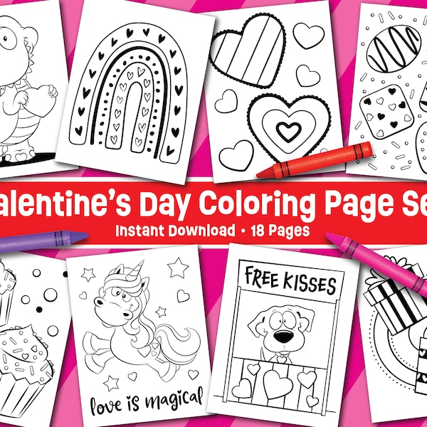 Valentine's Day Coloring Page Set - Instant Download - Valentine's Day Kids Activity - Valentine Party - Coloring Pages - Valentine Coloring