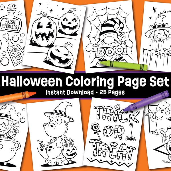 Halloween Coloring Page Set - Instant Download - Kids Halloween Activity - Kid Halloween Party Favors - School Classroom Halloween Games