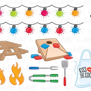 May include: A collection of illustrated barbecue and outdoor party elements. Includes a picnic table, cornhole game, string lights, tiki torch, apron with "Kiss the Cook" text, flames, and grilling tools.