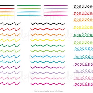 May include: A set of 10 different colored lines, including black, red, orange, yellow, green, blue, purple, pink, and magenta. The lines are in three different styles: straight, wavy, and curly.