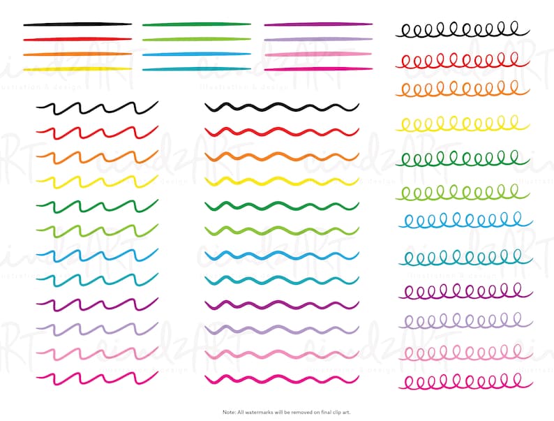 May include: A set of 10 different colored lines, including black, red, orange, yellow, green, blue, purple, pink, and magenta. The lines are in three different styles: straight, wavy, and curly.