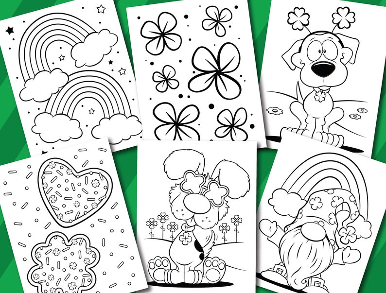 May include: Black and white coloring pages featuring a rainbow, shamrocks, a dog wearing a shamrock headband, a gnome wearing a shamrock hat, and a heart-shaped cookie with sprinkles.