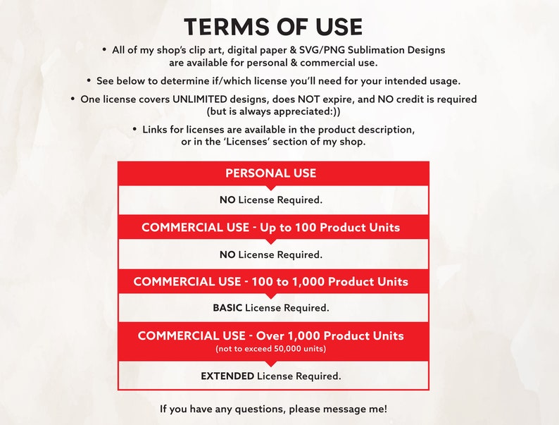 May include: A document titled "TERMS OF USE" with text detailing licensing for clip art, digital paper, and SVG/PNG designs. It outlines personal and commercial use terms, including license requirements for different product unit quantities. The document is red and white.