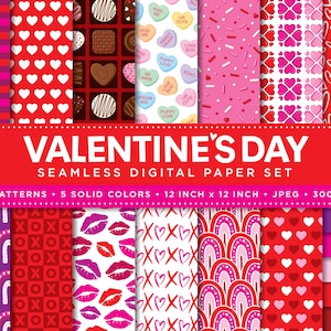 Valentine&#39;s Day Digital Paper Set - Valentine Seamless Pattern - Digital Scrapbook Paper - Cute Valentine - Instant Download - Valentine JPG