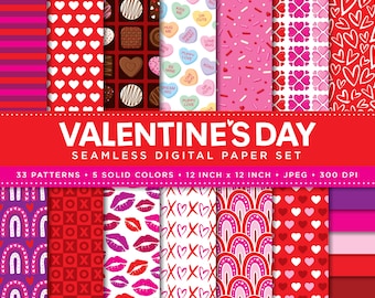 May include: A set of 33 digital Valentine's Day seamless patterns and 5 solid colors. The patterns feature hearts, rainbows, candy, and other Valentine's Day themes. The patterns are 12 inches by 12 inches and 300 DPI.