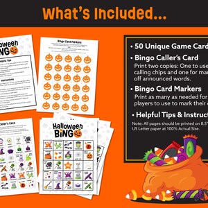 May include: A Halloween Bingo game set featuring 50 unique game cards, a caller's card, and pumpkin-themed markers. The set includes helpful tips and instructions for printing on 21.59 cm by 27.94 cm paper. The design includes colourful graphic elements.