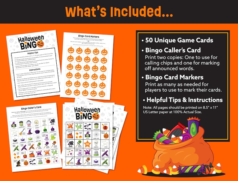 May include: A Halloween Bingo game set featuring 50 unique game cards, a caller's card, and pumpkin-themed markers. The set includes helpful tips and instructions for printing on 21.59 cm by 27.94 cm paper. The design includes colourful graphic elements.