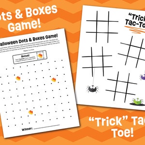 K&ouml;nnte beinhalten: Zwei wei&szlig;e Spielbl&auml;tter mit schwarzer Tinte. Ein Blatt ist ein Halloween-Punkte-und-K&auml;stchen-Spiel mit Zuckermais-Symbolen und Anleitungen. Das andere Blatt enth&auml;lt vier Tic-Tac-Toe-Gitter mit der Aufschrift Trick Tac-Toe und Spinnen.