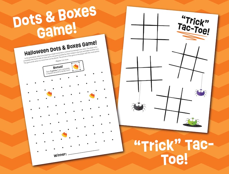 K&ouml;nnte beinhalten: Zwei wei&szlig;e Spielbl&auml;tter mit schwarzer Tinte. Ein Blatt ist ein Halloween-Punkte-und-K&auml;stchen-Spiel mit Zuckermais-Symbolen und Anleitungen. Das andere Blatt enth&auml;lt vier Tic-Tac-Toe-Gitter mit der Aufschrift Trick Tac-Toe und Spinnen.