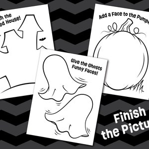 K&ouml;nnte beinhalten: Drei wei&szlig;e Aktivit&auml;tsbl&auml;tter mit schwarzen Umrissen zum Ausmalen. Ein Blatt zeigt ein Spukhaus mit Flederm&auml;usen und dem Text Finish the Haunted House!, ein K&uuml;rbis mit Add a Face to the Pumpkin! und Geister mit dem Text Give the Ghosts Funny Faces!