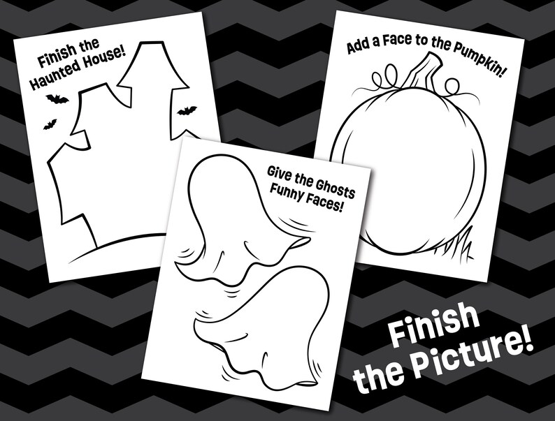 K&ouml;nnte beinhalten: Drei wei&szlig;e Aktivit&auml;tsbl&auml;tter mit schwarzen Umrissen zum Ausmalen. Ein Blatt zeigt ein Spukhaus mit Flederm&auml;usen und dem Text Finish the Haunted House!, ein K&uuml;rbis mit Add a Face to the Pumpkin! und Geister mit dem Text Give the Ghosts Funny Faces!