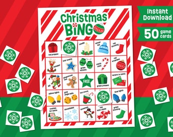 May include: A printable Christmas Bingo game with 50 cards. The bingo card features images of Christmas-themed items like a snowman, candy cane, and a stocking. The card also includes the words "Christmas Bingo" and "Free".