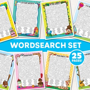 Puede incluir: Un conjunto de 25 páginas de sopas de letras con temas coloridos como Happy Birthday, Let's Get Artistic, In The Jungle, It's Travel Time, Let's Play, Sugar Rush, Pizza Party y The Wilderness, cada una con una lista de palabras al pie.