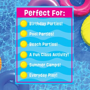 May include: A blue and pink sign with the text "Perfect For:" and a list of activities including birthday parties, pool parties, beach parties, a fun class activity, summer camps, and everyday play.
