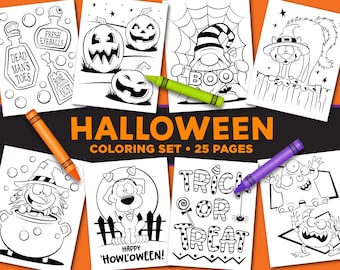 Halloween Coloring Page Set - Kids Halloween Activity - Kid Halloween Party Favors - School Classroom Coloring Pages - Instant Download