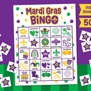 May include: Mardi Gras Bingo game card with colorful illustrations and text. The card features images of a gold kiss, green hearts, a green mask, and a green trumpet. The words "Instant Download" and "50 game cards" are also visible.