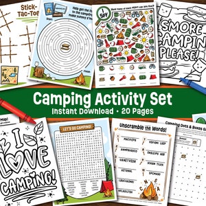 Puede incluir: Un conjunto de actividades de campamento imprimible con 20 páginas de actividades para niños. El conjunto incluye una variedad de actividades como búsquedas de palabras, laberintos, punto a punto y páginas para colorear. Las actividades están todas relacionadas con el campamento y presentan imágenes de equipo de campamento, animales y naturaleza.